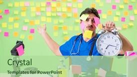  Presentation with reminders - Slide set with medical showing time medicine - young doctor with many reminders background and a  colored foreground