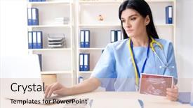  Presentation with gynecologist - Beautiful presentation theme featuring medical sonography - female doctor gynecologist working backdrop and a lemonade colored foreground