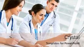  Presentation with hospital network computer - Beautiful slides featuring medical staff - young doctors using computer backdrop and a coral colored foreground