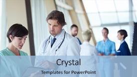  Presentation with team group - Slide set enhanced with medical staff at hospital background and a light blue colored foreground