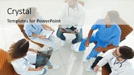  Presentation with team work - Colorful PPT layouts enhanced with medical staff discussing the work backdrop and a  colored foreground