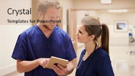  Presentation with digital hospital - Cool new PPT layouts with medical staff looking at digital backdrop and a coral colored foreground