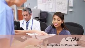  Presentation with staff meeting - PPT theme with medical staff meeting at nurses background and a coral colored foreground