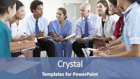  Presentation with staff meeting - Slide deck enhanced with medical staff seated in circle background and a ocean colored foreground