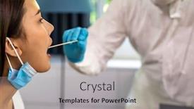  Presentation with medical service - PPT theme featuring medical-staff-with-ppe-suit background and a light gray colored foreground