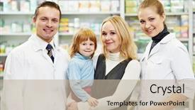  Presentation with pharmacy suspensi - PPT layouts enhanced with medical store - cheerful pharmacist chemist woman giving background and a  colored foreground
