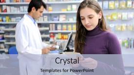  Presentation with medicine - Colorful PPT layouts enhanced with medical store - customer buying medicine backdrop and a light blue colored foreground