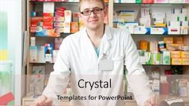  Presentation with pharmacy suspensi - PPT theme with medical store - happy cheerful pharmacist chemist man background and a  colored foreground