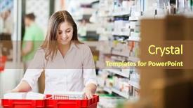  Presentation with pharmacist - PPT theme having medical store - pharmacist looking through basket stocking background and a tawny brown colored foreground