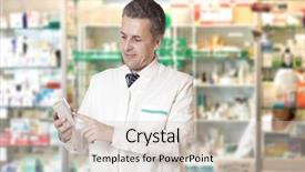  Presentation with pharmacist - PPT layouts with medical store - portrait of pharmacist background and a soft green colored foreground