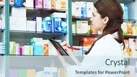  Presentation with chemist - Beautiful slide set featuring medical store - positive pharmacist chemist woman standing backdrop and a sky blue colored foreground