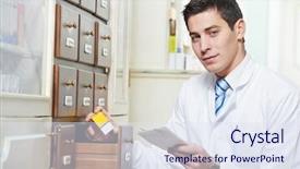 Presentation with chemist - Theme consisting of medical store - young pharmacist chemist man working background and a  colored foreground