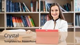  Presentation with medical books - Beautiful presentation theme featuring medical student in library researching backdrop and a coral colored foreground