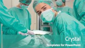  Presentation with medical practice - Slide set featuring operating model - medical student looking at camera background and a teal colored foreground