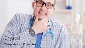  Presentation with medical student - Presentation featuring medical student studying skeleton in classroom during lecture background and a light blue colored foreground