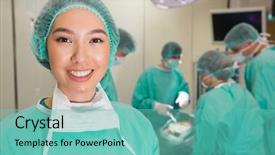  Presentation with medical students - Slide set featuring students practicing surgery on model background and a seafoam green colored foreground