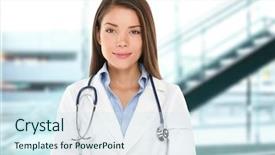  Presentation with doctor asian - Presentation design with medical students white coats - asian doctor woman portrait serious background and a sky blue colored foreground