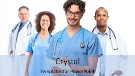  Presentation with pharmacist - Colorful slide set enhanced with medical students white coats - doctor pharmacist group backdrop and a light blue colored foreground