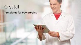  Presentation with modern building - PPT layouts featuring medical students white coats - portrait of young academic holding background and a  colored foreground