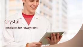  Presentation with academic - Amazing PPT theme having medical students white coats - portrait of young academic holding backdrop and a lemonade colored foreground