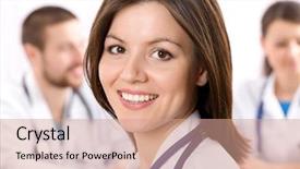  Presentation with female - PPT layouts with medical students white coats - smiling female doctor with stethoscopes background and a coral colored foreground