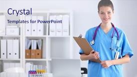  Presentation with medical students - Amazing presentation theme having medical students white coats - smiling female doctor backdrop and a sky blue colored foreground