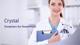  Presentation with medical students - Amazing presentation design having medical students white coats - smiling female doctor backdrop and a sky blue colored foreground