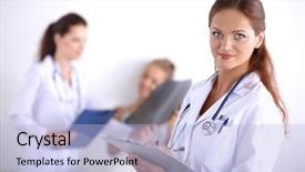  Presentation with folder style - Presentation theme having medical students white coats - smiling female doctor background and a  colored foreground