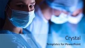  Presentation with operating room - Colorful PPT layouts enhanced with medical students white coats - team surgeon at work backdrop and a light blue colored foreground