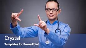  Presentation with virtual - Beautiful PPT layouts featuring medical students white coats - young doctor pressing virtual button backdrop and a  colored foreground