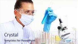  Presentation with chemistry instrumentation - PPT layouts with medical students white coats - young female scientist background and a  colored foreground