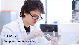  Presentation with scientific research - PPT theme enhanced with medical students white coats - young male researcher chemistry student background and a sky blue colored foreground
