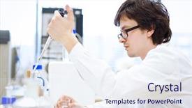  Presentation with scientific research - Slides with medical students white coats - young male researcher chemistry student background and a  colored foreground