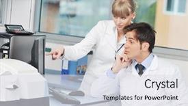  Presentation with biology - PPT theme consisting of white medical students white coats group - science and research biology chemistry background and a  colored foreground