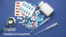  Presentation with medical pills - Audience pleasing theme consisting of medical stuff on blue background backdrop and a ocean colored foreground