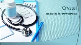  Presentation with medical supplies - Presentation design enhanced with medical supplies on blue table background and a  colored foreground