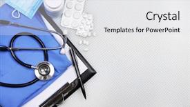  Presentation with medical supplies - Slide set featuring medical supplies on blue table close-up background and a white colored foreground