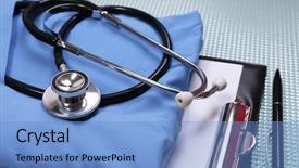  Presentation with medical supplies - Colorful presentation theme enhanced with medical supplies on blue table close-up backdrop and a light blue colored foreground