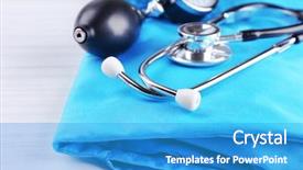  Presentation with medical supplies - PPT theme consisting of medical supplies on table background and a teal colored foreground