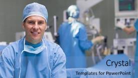  Presentation with theater - Amazing PPT layouts having medical surgion - smiling practitioner in operating theater backdrop and a light blue colored foreground