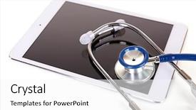  Presentation with tablets wood table tablet white - PPT theme consisting of medical symbol - tablet and blue stethoscope isolated background and a white colored foreground