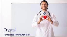  Presentation with ethical doctor - Slide deck having medical symbol presentation - young doctor in front background and a  colored foreground