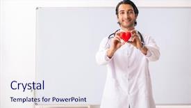  Presentation with new parents doctor - Presentation design enhanced with medical symbol presentation - young doctor in front background and a  colored foreground