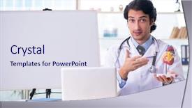  Presentation with new born doctor - PPT theme having medical symbol presentation - young handsome doctor cardiologist background and a sky blue colored foreground