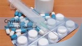  Presentation with medical pills - Presentation design having medical syringe and pills background and a light blue colored foreground