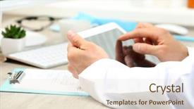  Presentation with doctor office - Amazing slide set having medical tablet image - doctor working at table backdrop and a lemonade colored foreground