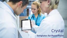  Presentation with digital hospital - Amazing slides having medical team discussing over digital backdrop and a sky blue colored foreground