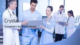  Presentation with medical laptop - Slide deck with medical team examining medical report background and a light blue colored foreground