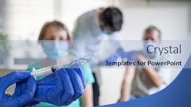  Presentation with medical vaccine - Beautiful presentation theme featuring medical-team-giving-coronavirus-vaccine backdrop and a light blue colored foreground