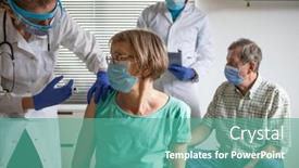  Presentation with medical vaccine - Audience pleasing slides consisting of medical-team-giving-coronavirus-vaccine backdrop and a teal colored foreground